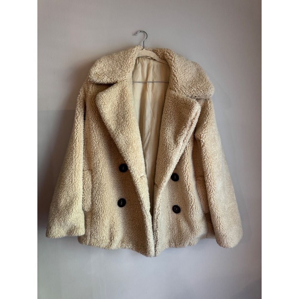 Free People Women Cream Sherpa Teddy Bear Coat Double Breasted Jacket Small